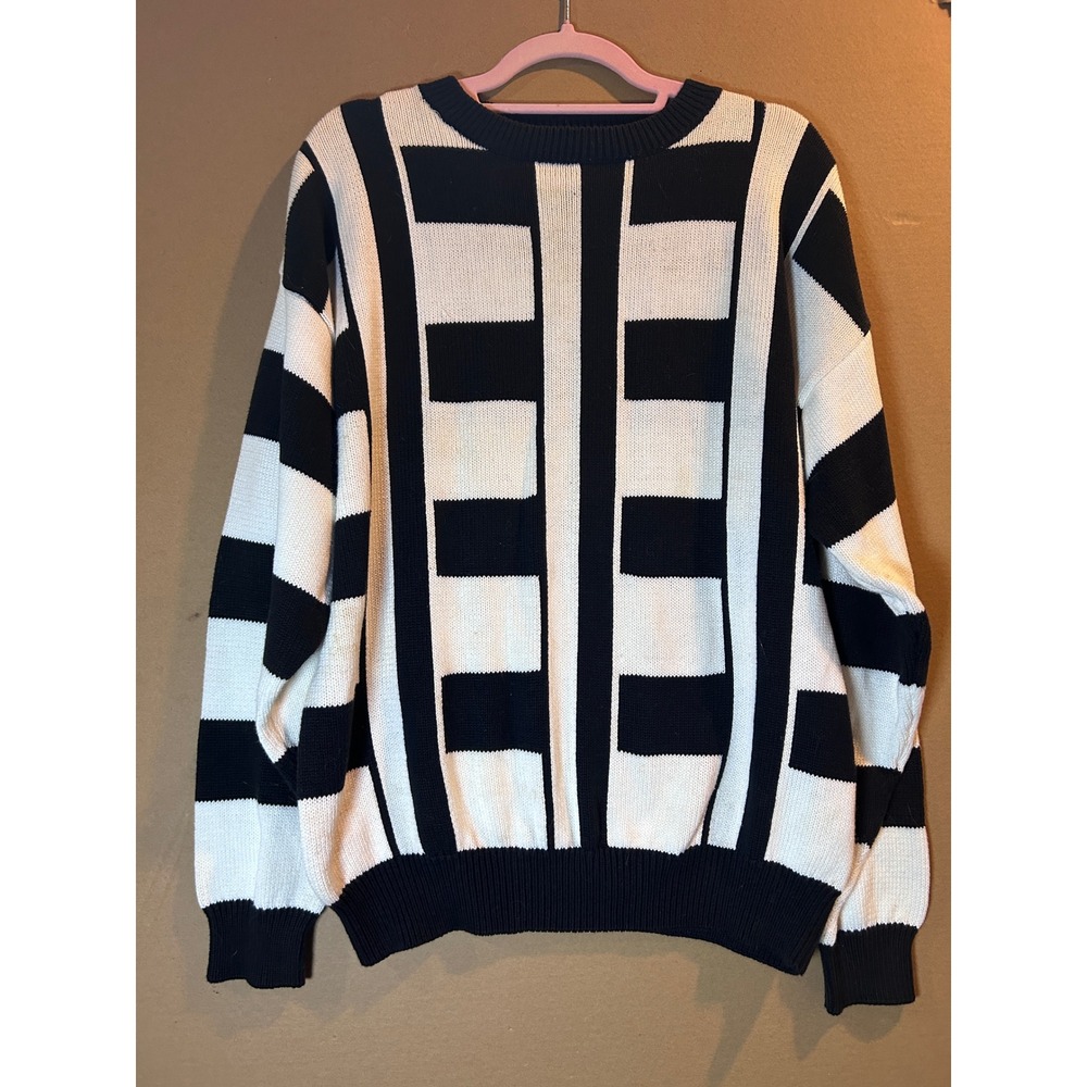 Domani Uomo Sweater Mens Large‎ Black White Good Vintage Geometric Cotton Knit